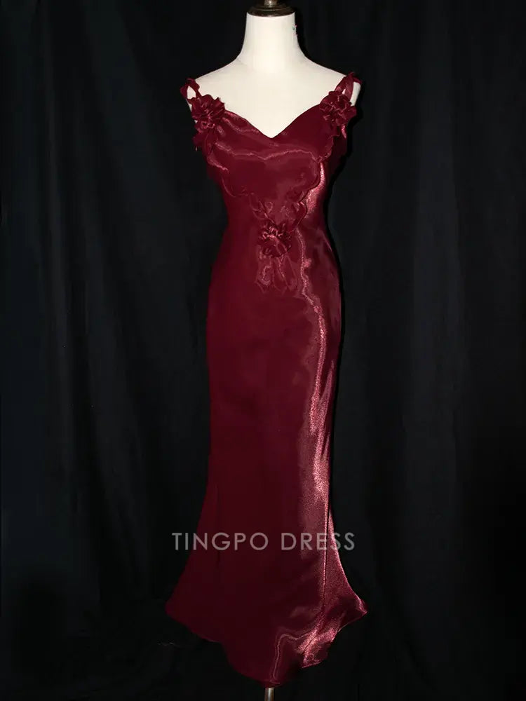 TingPo Wholesale Elegant Dark Red Vintage Floral V-neck Evening Gown Lace-up Back Mermaid Dress